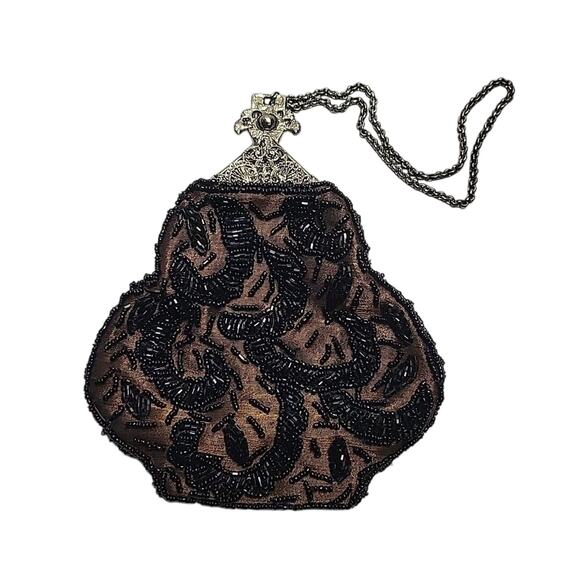 Beaded Hand Purse Vintage Antique Brown W/ Black Beads Metal Clasp/Chain - Picture 1 of 10